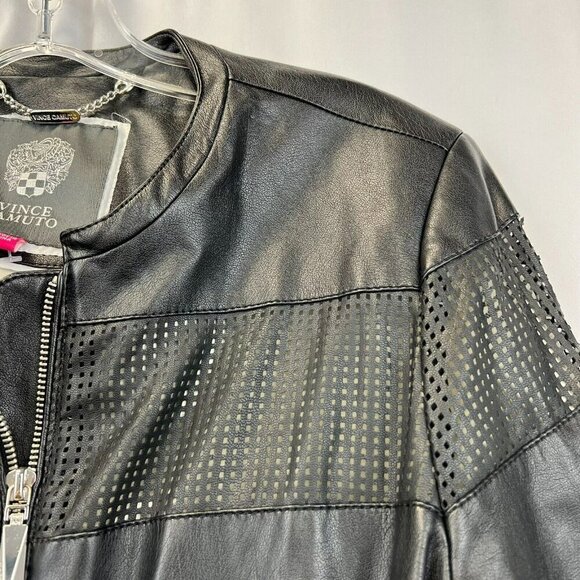 Vince Camuto Womens Black Tan Long Sleeve Full Zip Motorcycle Jacket Size Medium - Picture 3 of 9